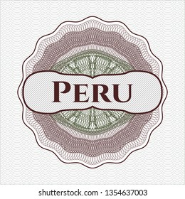 Green and Red abstract linear rosette with text Peru inside