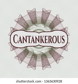 Green and Red abstract linear rosette with text Cantankerous inside