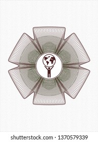 Green and Red abstract linear rosette with man lifting world icon inside