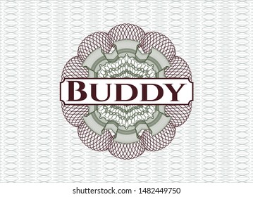 Green and Red abstract linear rosette with text Buddy inside
