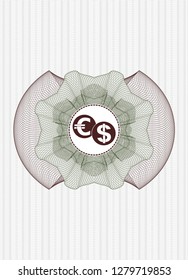 Green and Red abstract rosette with currency exchange icon inside
