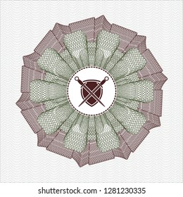 Green and Red abstract rosette with swords crossed with shield icon inside