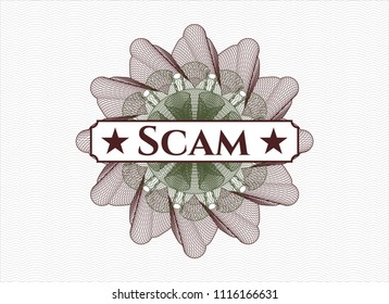 Green and Red abstract rosette with text Scam inside