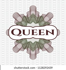 Green and Red abstract rosette with text Queen inside