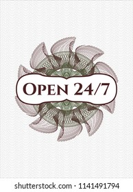 Green and Red abstract rosette with text Open 24/7 inside