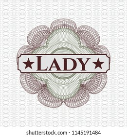 Green and Red abstract rosette with text Lady inside