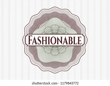 Green and Red abstract rosette with text Fashionable inside