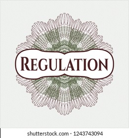 Green and Red abstract rosette with text Regulation inside