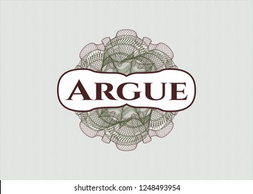 Green and Red abstract rosette with text Argue inside