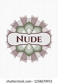 Green and Red abstract rosette with text Nude inside