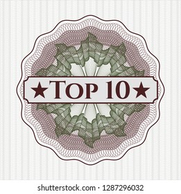 Green and Red abstract rosette with text Top 10 inside