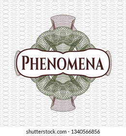 Green and Red abstract rosette with text Phenomena inside