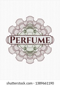 Green and Red abstract rosette with text Perfume inside