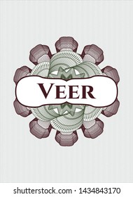 Green and Red abstract rosette with text Veer inside