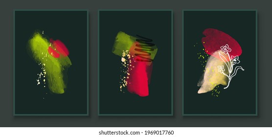 Green and Red Abstract Watercolor Compositions. Set of vivid color painting wall screen art decoration. Minimalistic background design. Vector wall art plants in minimalist style.