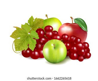 Green and red apple and grapes isolated on white background. Package design element. Realistic vector, 3d illustration