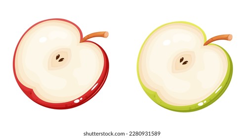 La mitad de manzana verde y roja. Frutos tipo caricatura