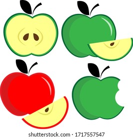 green and red Apple with a leaf. whole, part, and half. vector illustration