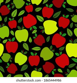 manzana y hojas verdes y rojas, saturadas, ilustraciones vectoriales planas sobre fondo oscuro.