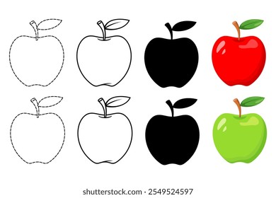 Conjunto de Apple verde e vermelho Coleção com Line Art, Linha tracejada para crianças colorir, Silhueta plana e design colorido, ilustração vetorial editável e escalável isolada em branco