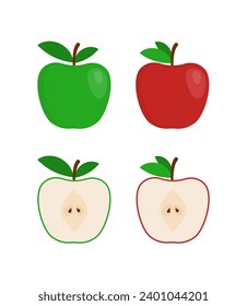 Green and red apple whole and half vector flat illustration