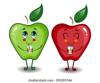 Green and Red Apples Character Drinking Apple Juice, Hand Drawn Vector Illustration EPS 10