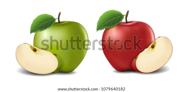 緑と赤のリンゴと緑の葉とリンゴのスライス ベクターイラスト リアルなベクター画像 のベクター画像素材 ロイヤリティフリー