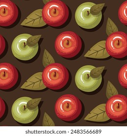 Green and red apples seamless pattern on a dark background