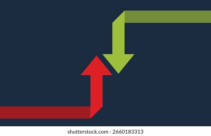 Green and red arrow direction background. flat style and folded paper on a dark blue background. In out arrow direction