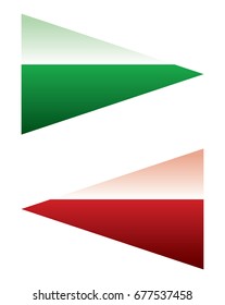 Green, red arrow shapes in opposite direction. Glossy, shiny green, red arrows