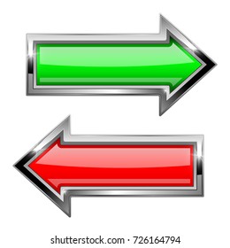Green and red arrows with bold chrome frame. 3d shiny icons. Vector illustration isolated on white background