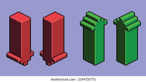 Green and red arrows set. Up and down direction, stocks, economy growth, trend, bull and bear market. Vector, pixel art old school design