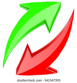 Green and red arrows. Shiny 3d web icons. Up and down in circular motion. Vector illustration isolated on white background.
