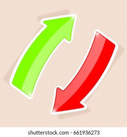 Green and red arrows with white border. Sticker labels on beige background. Vector 3d illustration