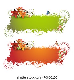 Green and red background with flowers and butterflies isolated on white