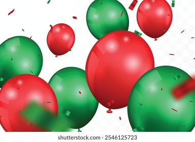 Green and red balloons, christmas celebration banner