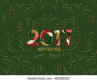 Green, red, beige 2017 Happy New Year on dark background