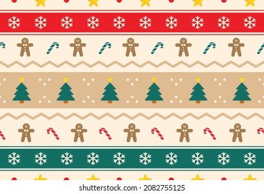 Green Red Beige Cute Merry Christmas Tree Gingerbread Snowflake Candy Cane Element Tribal Ethnic Traditional Nordic Scandinavian Geometric StripePattern Editable Stroke. Cartoon Illustration, Fabric.