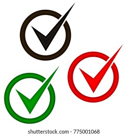 Green, red, black check mark icon. Tick symbol in color. Check mark button. Vector illustration.