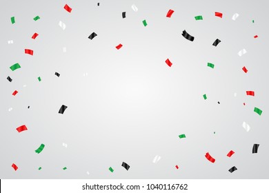 Green And Red Black Confetti Falling On White Background. Abstract Celebration Background. United Arab Emirates, Dubai Flag Color Concept Design. Eid mubarak. Ramadan Kareem. Vector Illustration