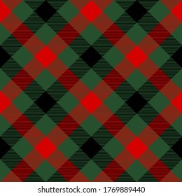 Green, Red and Black diagonal Lumberjack plaid seamless pattern.Texture from rhombus/squares for-plaid,tablecloths, clothes, shirts, dresses, paper, bedding, blankets and other textile products.