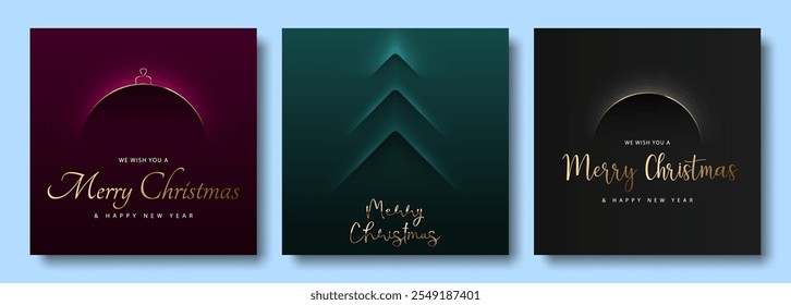 Green, red, black minimal Merry Christmas card social network post design set. New year simple background. Cut paper christmas tree, gold text. Volume arc line Christmas ball shape square banner