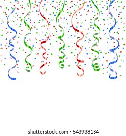 Green, red, blue curly ribbon confetti. Serpentine on white background. Colorful streamers. Decoration party, birthday, Christmas, New Year celebration, anniversary, carnival Vector illustration