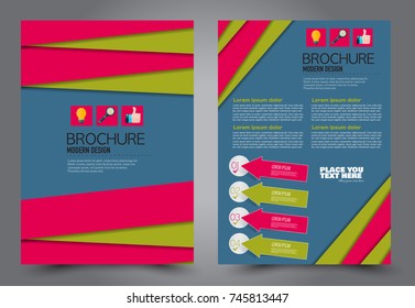 Green, red, and blue flyer template design. Brochure abstract background for business, education, presentation, advertisement. Corporate identity style concept. Editable vector illustration.