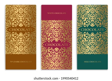 Green, red and blue luxury packaging design of chocolate bars. Vintage vector ornament template. Elegant, classic golden elements. Great for food, drink and other package types. 