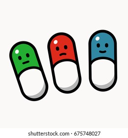 Green, red and blue pills smiling, different emotion, cartoon style vector illustration on white background