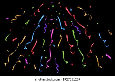 Green, Red, Blue And Purple Confetti And Serpentine Falling On Black Background. Birthday Party Or Christmas Celebration Event Vector Illustration. Realistic Shiny Paper Decoration Or Surprise