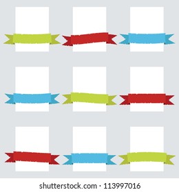 green, red and blue torn paper ribbons on white with copy space