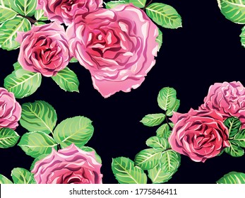Green and Red Botanic Rose Flower Swimwear Print. Continuous Floral Design.Summer Peonies Leaves and Buds Sleepwear Texture. Rose Seamless Pattern. Girly Hawaiian Peony Background.