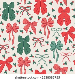 Green and red bows retro vector pattern. New year presents ribbons background with mistletoe